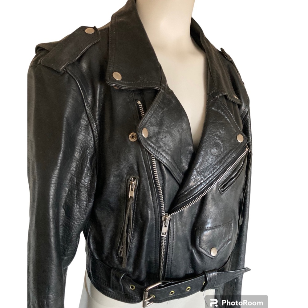 Vintage 80’s Distressed LONDON BLE Black Leather Cropped Motorcycle Jacket Sz XL - Picture 2 of 12